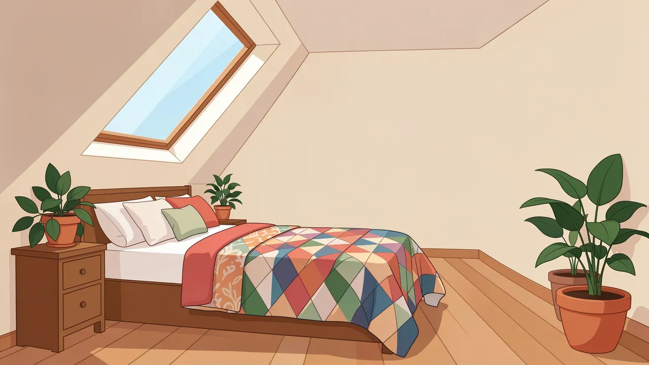 Flat vector illustration of an attic bedroom with a skylight, quilted bed and potted house plants.