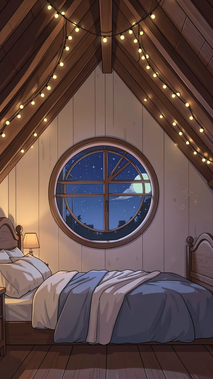 Anime-style illustration of a cozy attic bedroom with fairy lights, a round window and starry night sky view