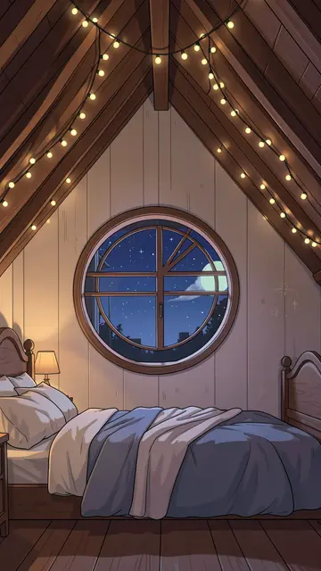 Anime-style illustration of a cozy attic bedroom with fairy lights, a round window and starry night sky view