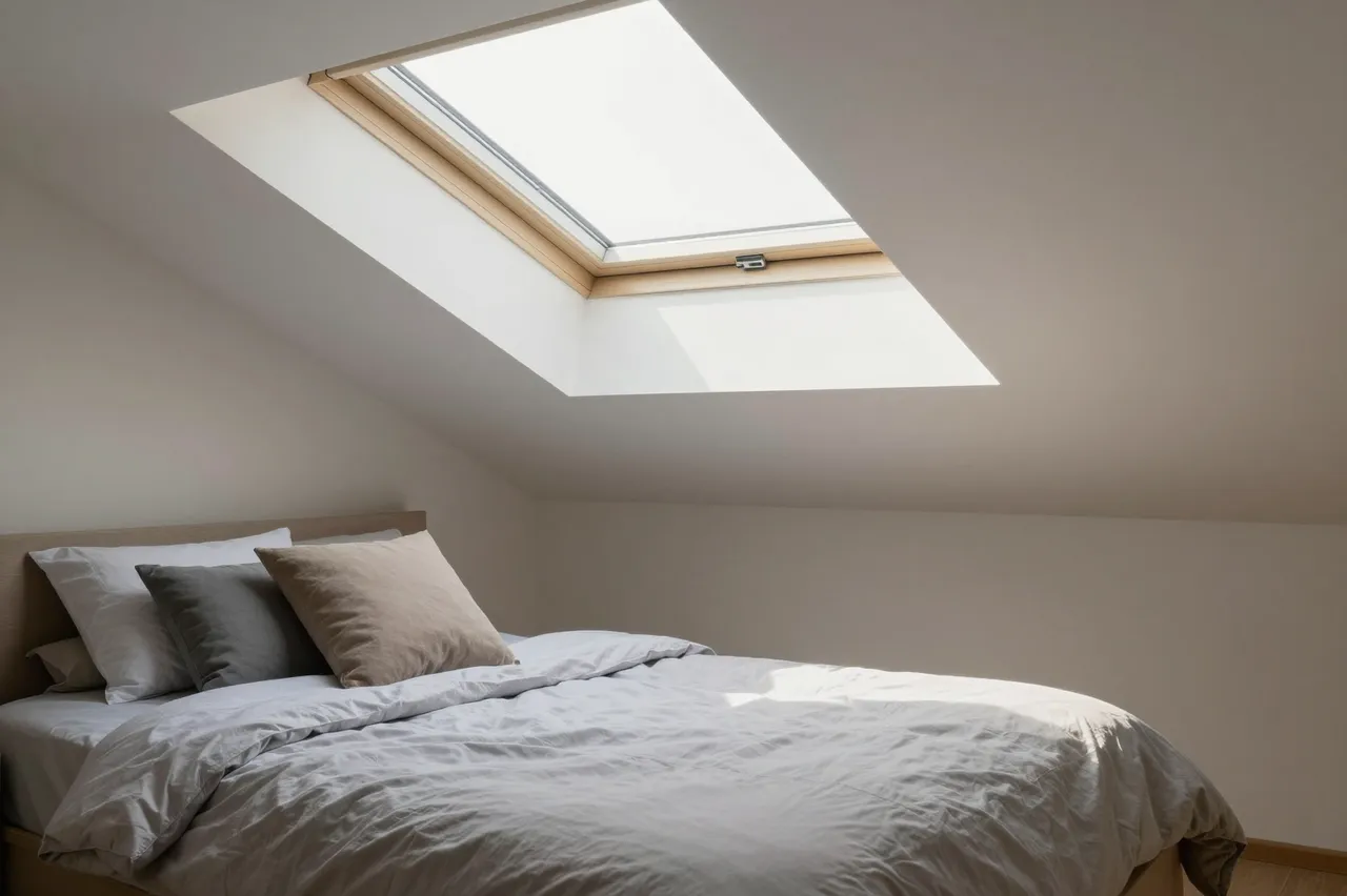 A minimal attic bedroom with a made bed and a wooden-framed skylight in the slanted ceiling