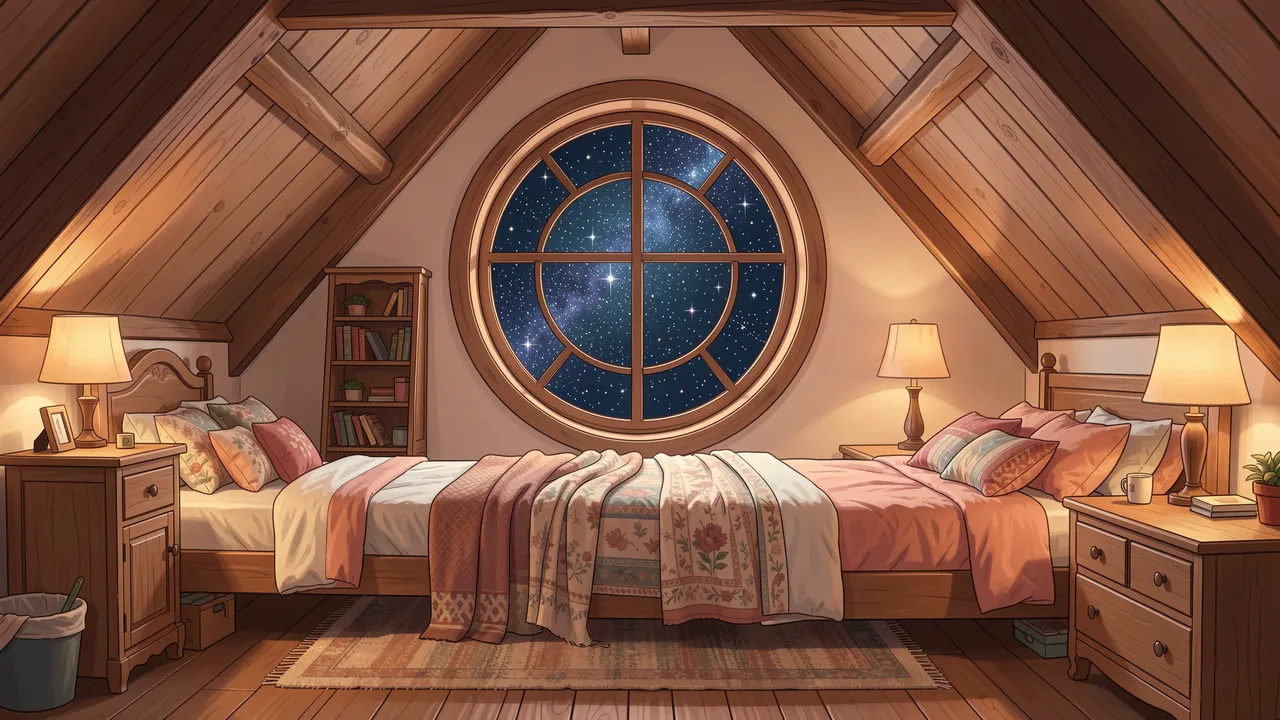 Warm wood attic bedroom interior with a large round window framing a starry night sky