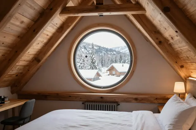 Attic hotel bedroom with round window overlooking snow-covered mountain cabins