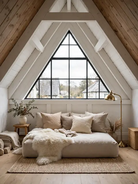 A soft floor sofa with sheepskin throw sits under a triangular gable attic window.