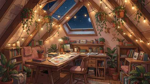 Illustrated cozy attic art studio at night, with a drawing desk, hanging plants, string lights and starry skylight view