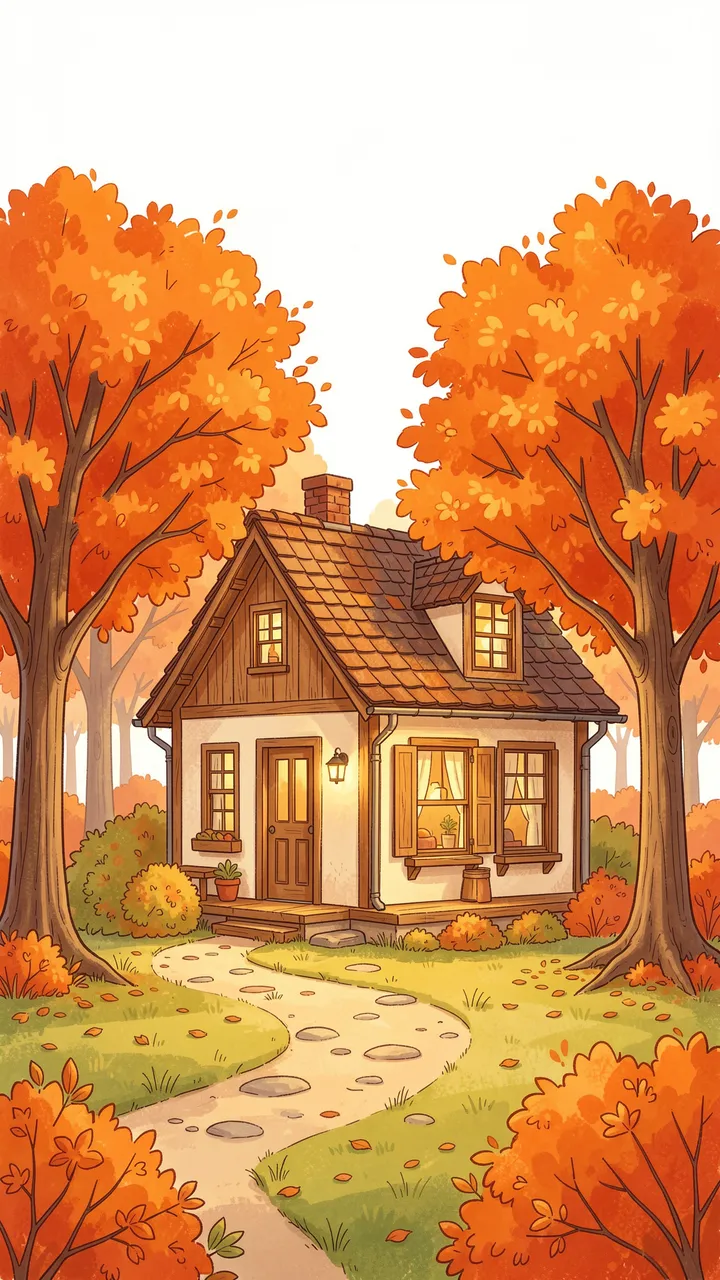 A charming small cottage sits between orange autumn trees with a winding stone garden path