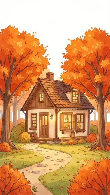 A charming small cottage sits between orange autumn trees with a winding stone garden path