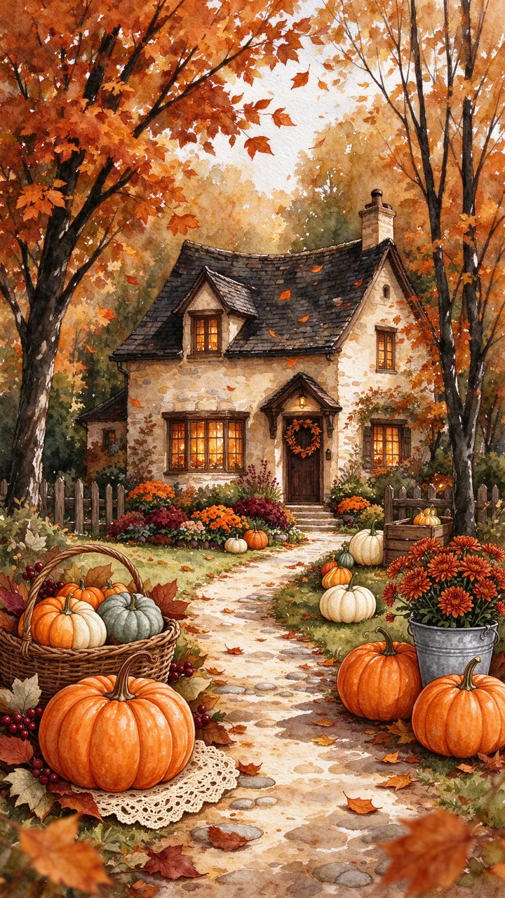 Watercolor illustration of a quaint stone cottage with a pumpkin-lined stone path under falling autumn maple leaves