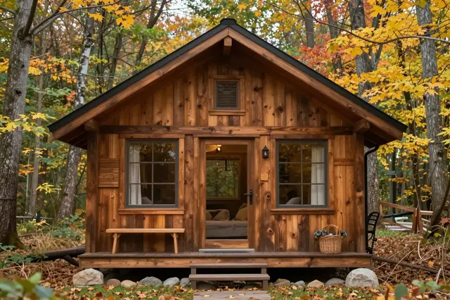 Small wooden cabin sits surrounded by colorful autumn trees in a quiet woodland