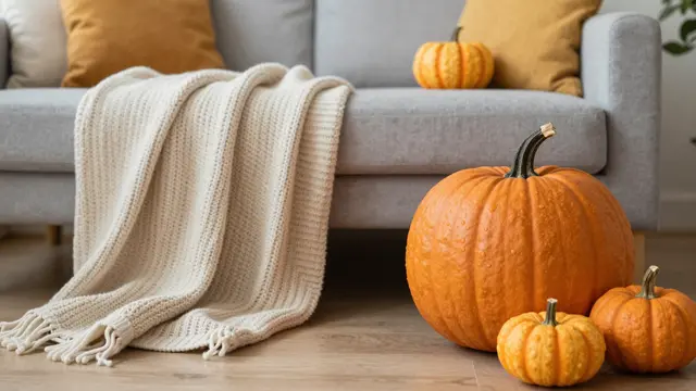 Knitted throw and assorted pumpkins arranged with a gray sofa for fall home decor
