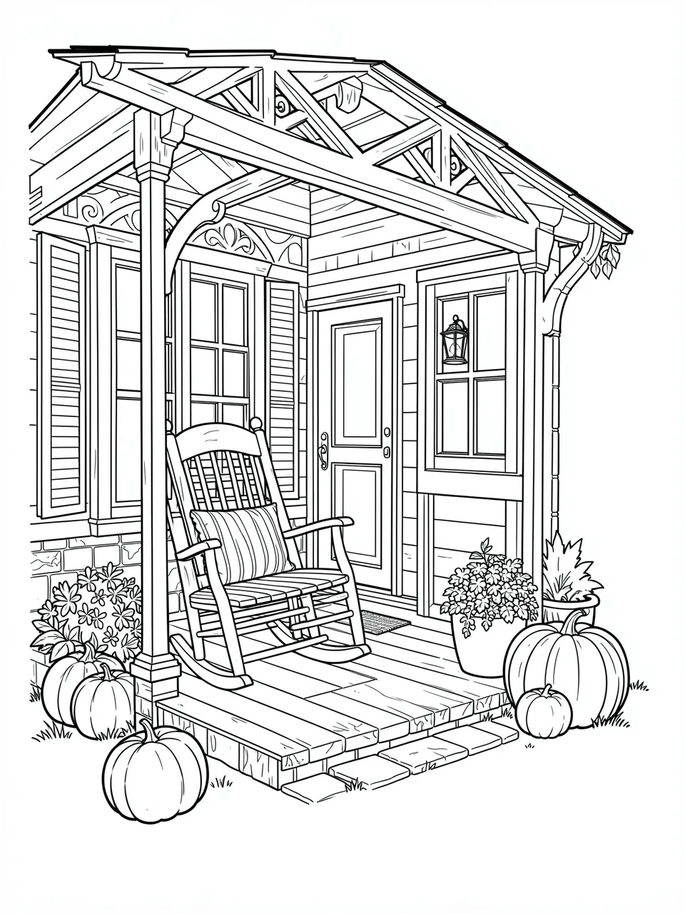 Black and white line art of a cozy house porch with a rocking chair, pumpkins and potted plants.