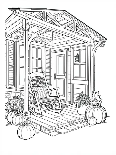 Black and white line art of a cozy house porch with a rocking chair, pumpkins and potted plants.
