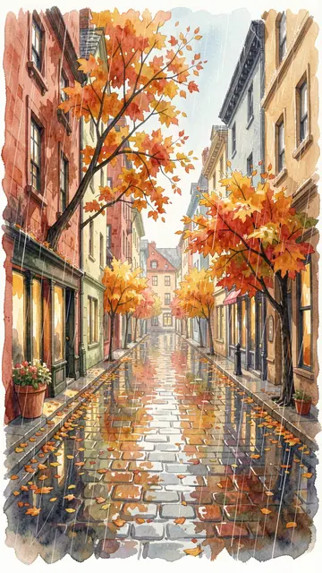 Watercolor painting of a rain-soaked cobblestone city street lined with fall trees and warm lit storefronts