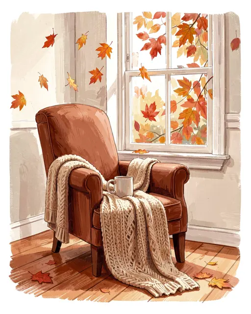 Gouache illustration of a brown leather armchair with a knit blanket and mug beside a window with drifting fall leaves.