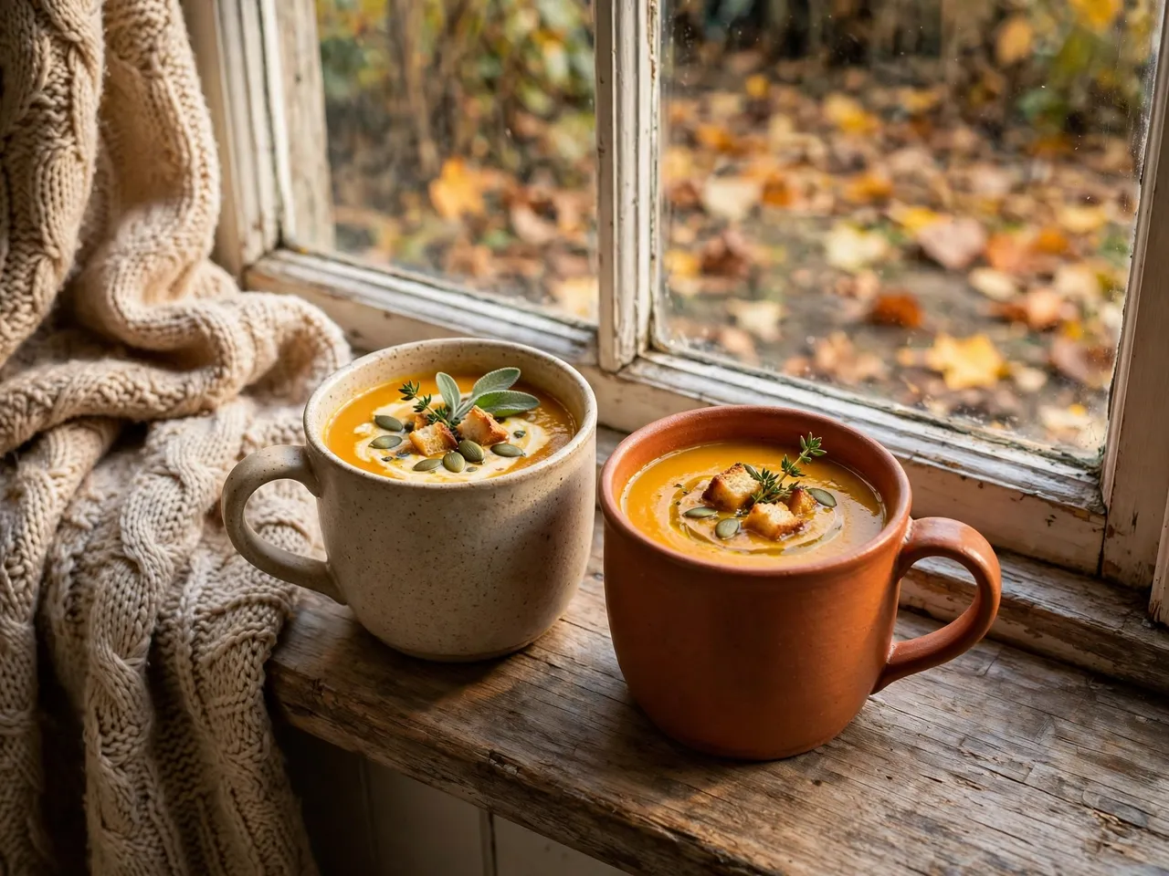 Two mugs of garnished roasted butternut squash soup sit on a weathered wooden windowsill next to a knit throw blanket, with