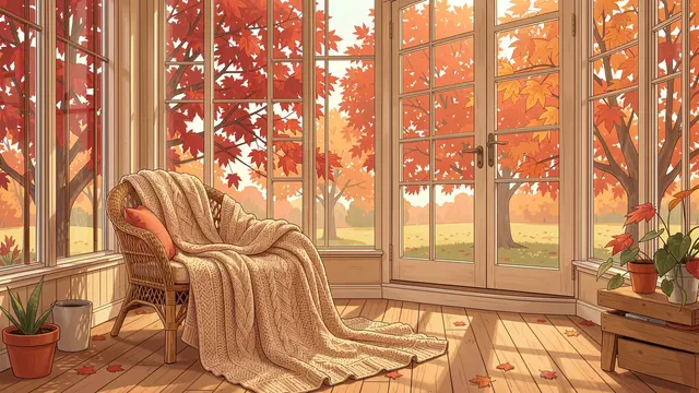 Illustrated sunroom interior with wicker chair, knitted blanket and red maple trees visible through tall windows