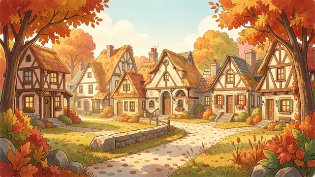 Storybook illustration of a quiet half-timbered village street lined with fall trees and thatched cottages
