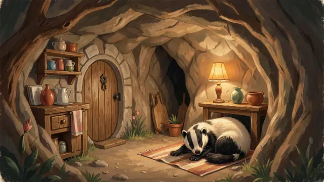 A badger rests on a small rug inside a warm lit cozy burrow home with a round wooden door and tiny kitchen area