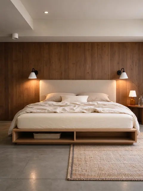 Minimalist basement guest bedroom with platform bed, linen headboard, wall sconces and woven rug