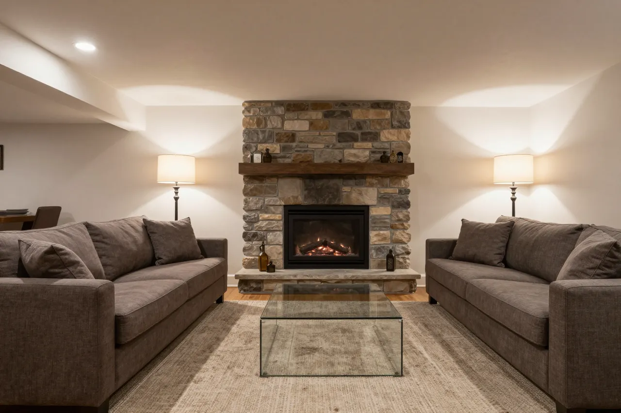 Symmetrical basement lounge with two gray sofas facing a lit stone fireplace, glass coffee table and floor lamps