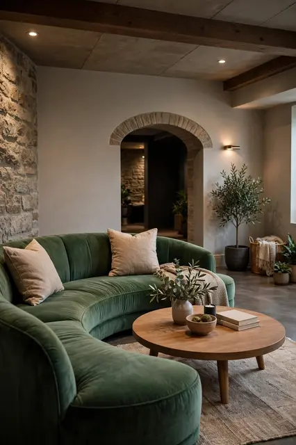 Curved forest green velvet sofa next to a wooden round coffee table in a basement lounge with an arched stone doorway