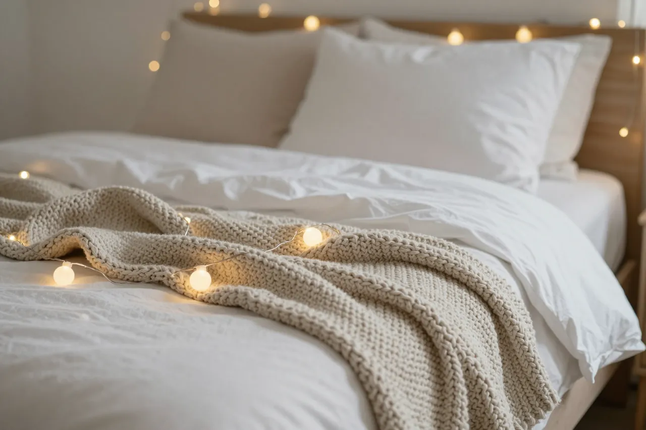 Neatly made bed with white linens, chunky knit throw and warm fairy lights in a calm bedroom