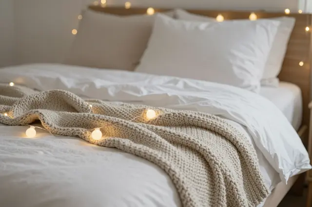 Neatly made bed with white linens, chunky knit throw and warm fairy lights in a calm bedroom