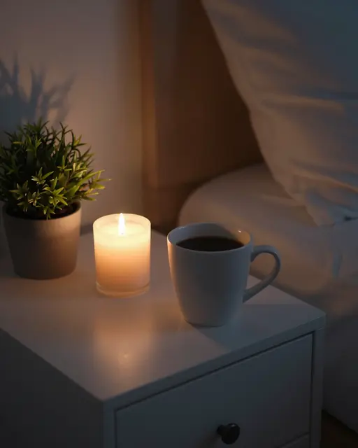Black coffee in a mug sits on a nightstand next to a lit candle and small potted plant beside a bed at dim early morning