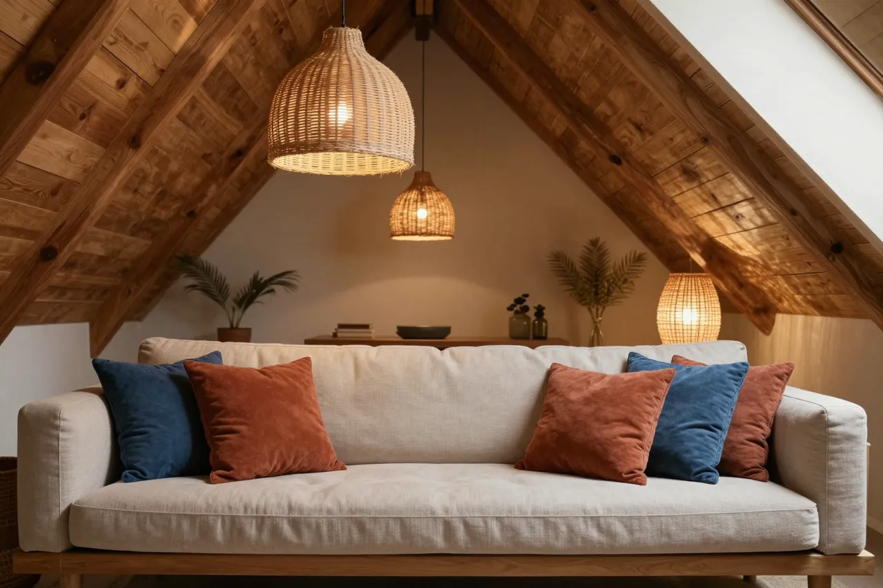 A light linen sofa with rust and indigo cushions sits under sloped wooden attic eaves lit by woven rattan lamps.