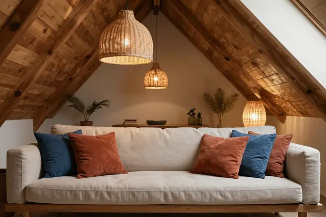A light linen sofa with rust and indigo cushions sits under sloped wooden attic eaves lit by woven rattan lamps.