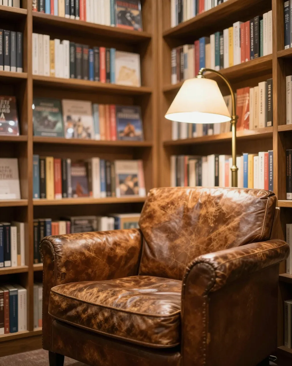 Worn brown leather armchair sits next to a lit brass lamp surrounded by wooden bookshelves of books