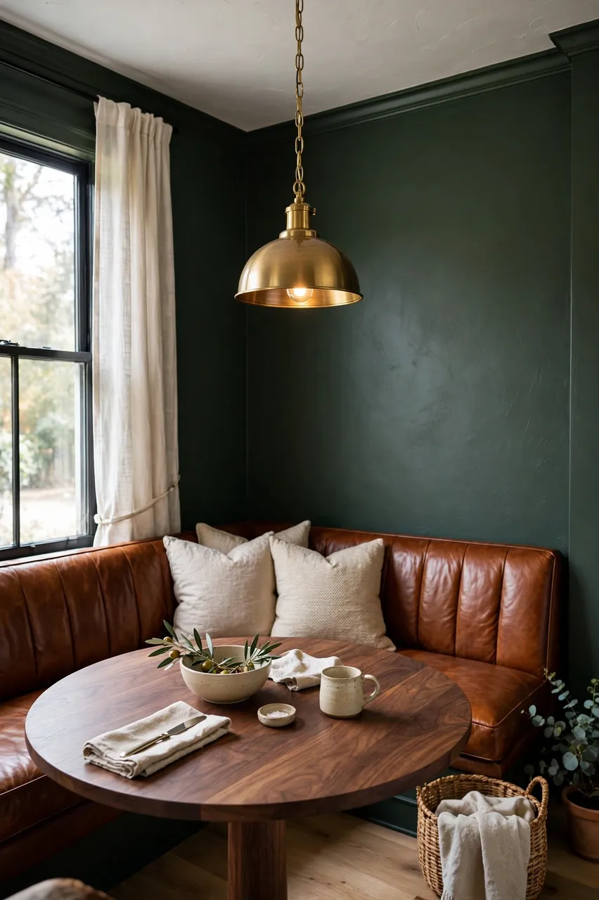 A sunlit breakfast nook features a cognac leather banquette, round walnut table, and brass pendant over dark green walls.