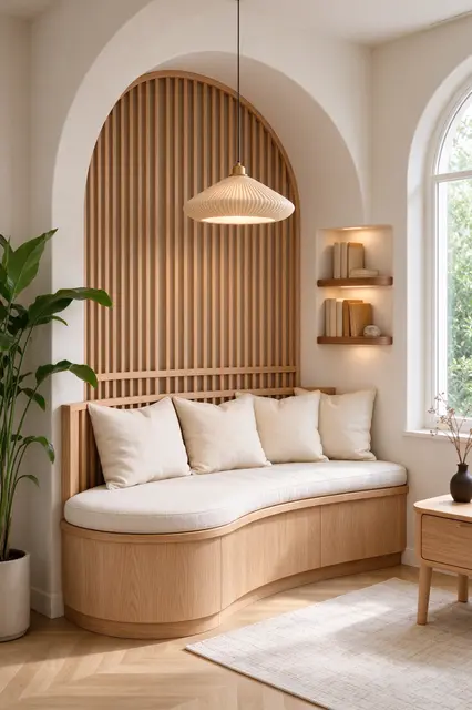 Curved oak built-in reading nook with linen cushions and pendant light in a bright minimalist room