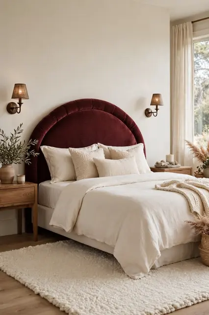 Stylish primary bedroom with curved burgundy velvet headboard, cream bedding and bronze sconces.