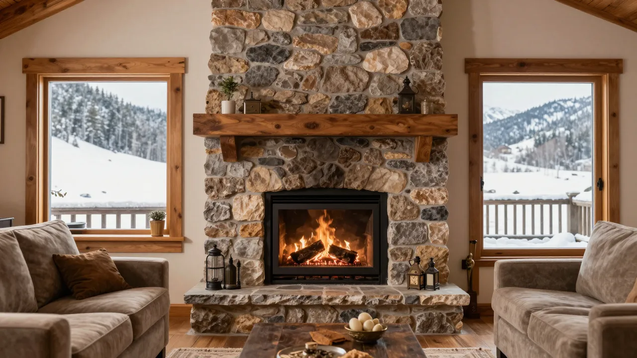 Warm mountain cabin living room with a lit stone fireplace overlooking snowy winter mountains
