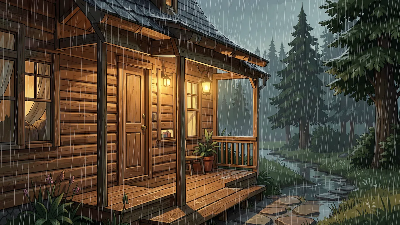 Warm glowing lanterns light a wooden cabin porch during steady forest rain
