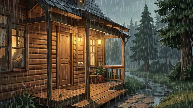 Warm glowing lanterns light a wooden cabin porch during steady forest rain