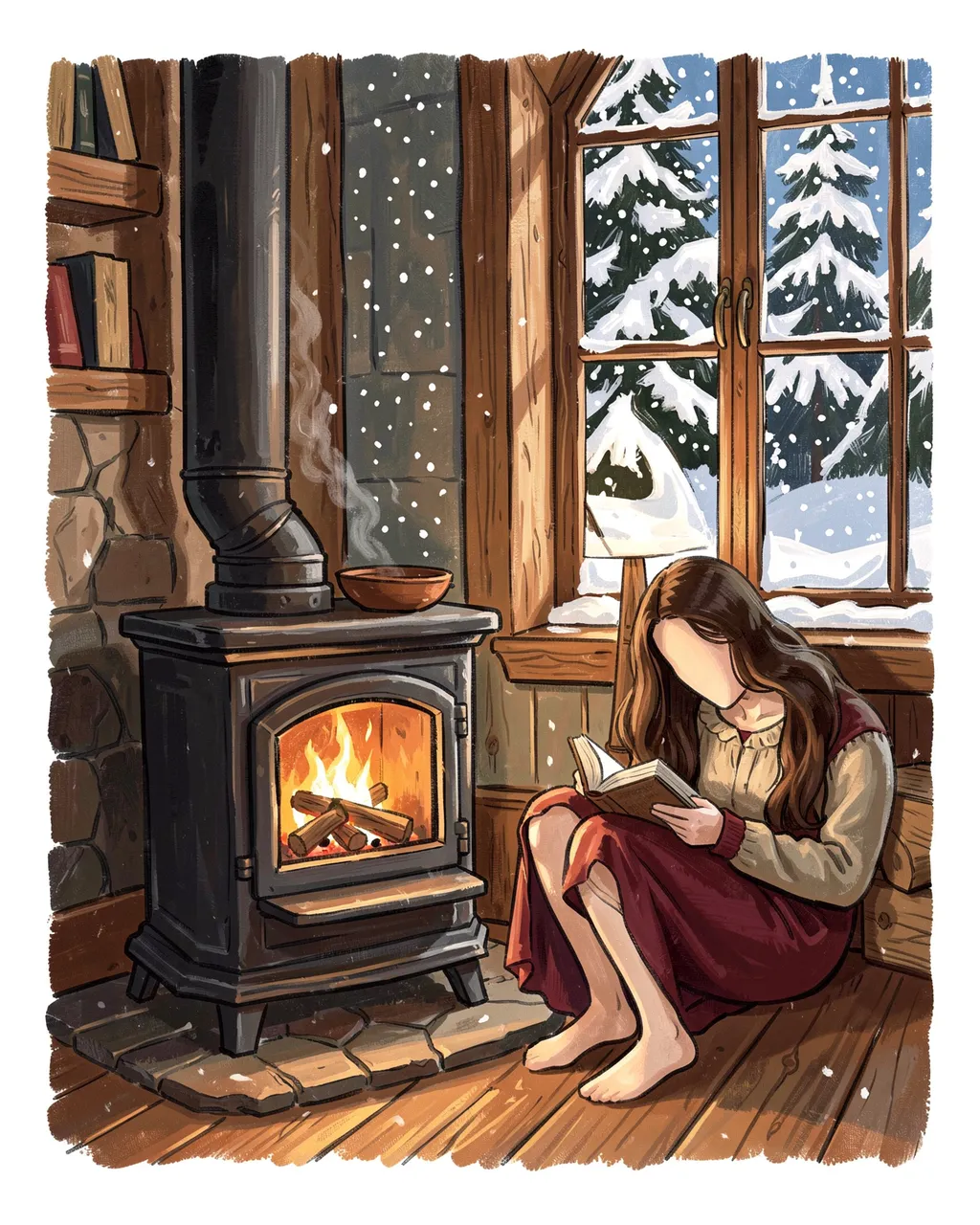 Faceless woman reads a book beside a burning wood stove while snow falls outside the cabin window
