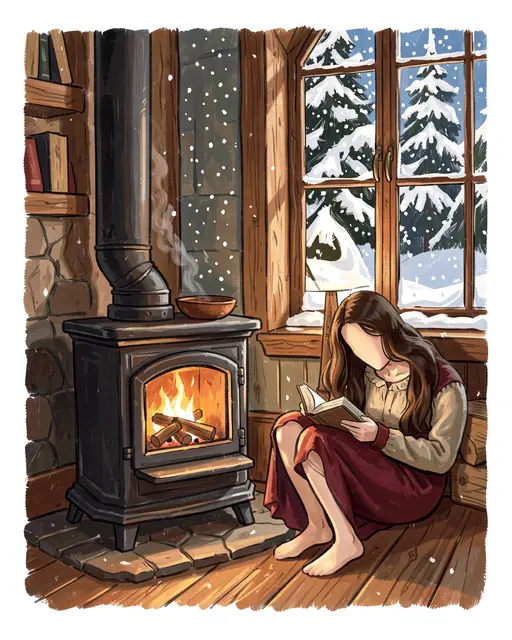 Faceless woman reads a book beside a burning wood stove while snow falls outside the cabin window
