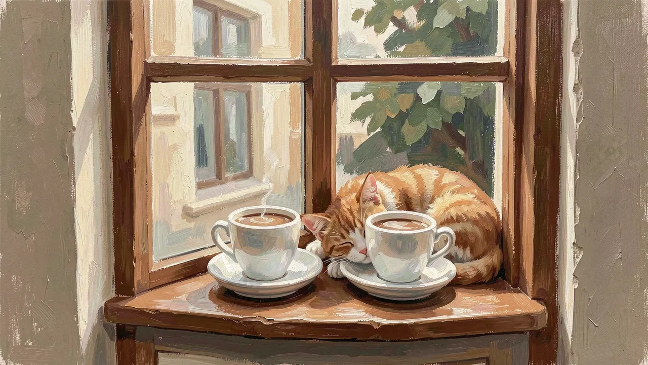 A sleeping orange tabby cat rests between two steaming coffee cups on a wooden windowsill