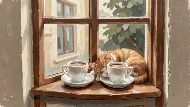 A sleeping orange tabby cat rests between two steaming coffee cups on a wooden windowsill