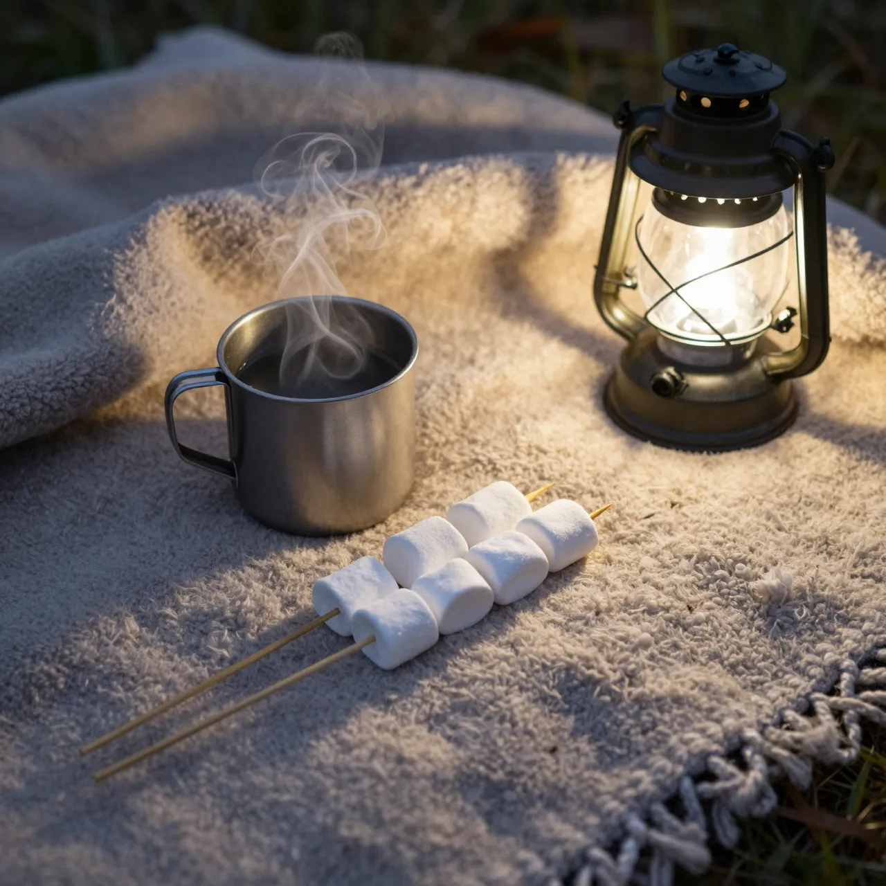 A flat lay of a wool blanket holding a steaming tin mug, marshmallow skewers and a glowing camping lantern outdoors.