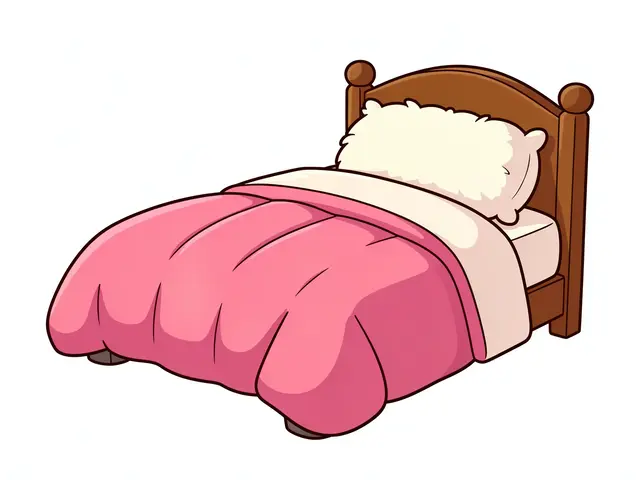 Cute cartoon illustration of a wooden bed with a pink duvet and fluffy pillow isolated on white