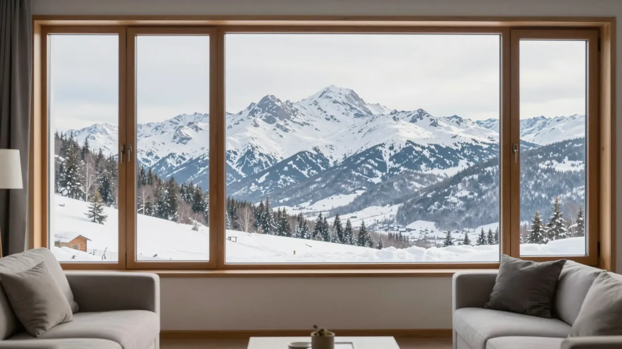 Bright modern living room with floor-to-ceiling windows overlooking snow-covered mountains