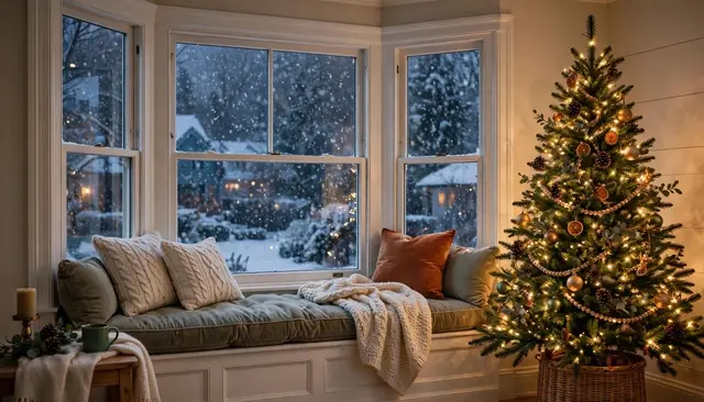 Lit decorated Christmas tree sits next to a cushioned bay window seat as snow falls outside at evening