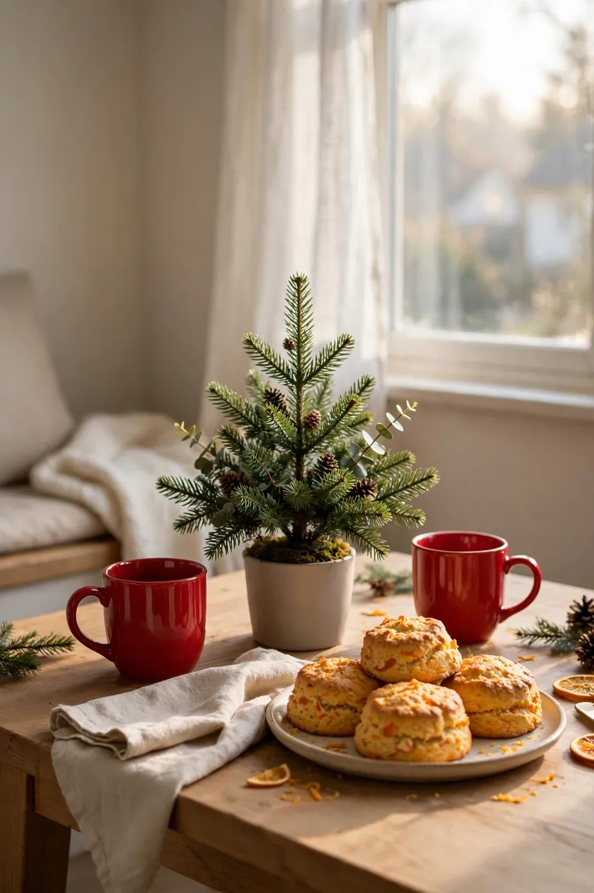 A wooden breakfast table holds a small potted fir, red mugs, and orange scones in soft morning window light.