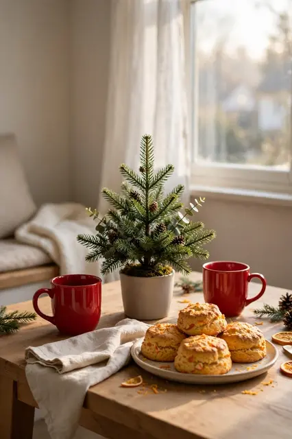A wooden breakfast table holds a small potted fir, red mugs, and orange scones in soft morning window light.
