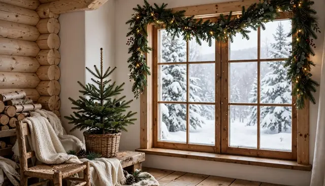 A rustic log cabin corner features a small potted fir, lit garland over a window with snow falling outside.