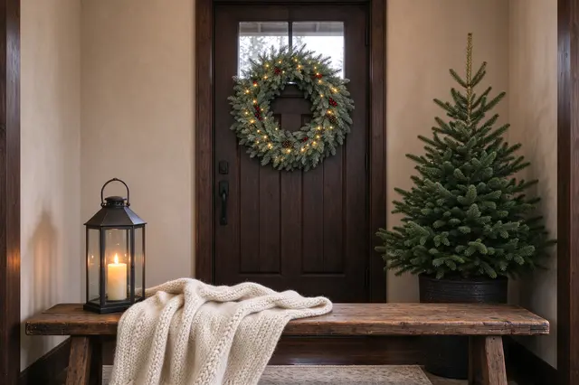 Festive Christmas entryway with a wooden bench, lit lantern, spruce tree, and lit wreath on a dark wood front door