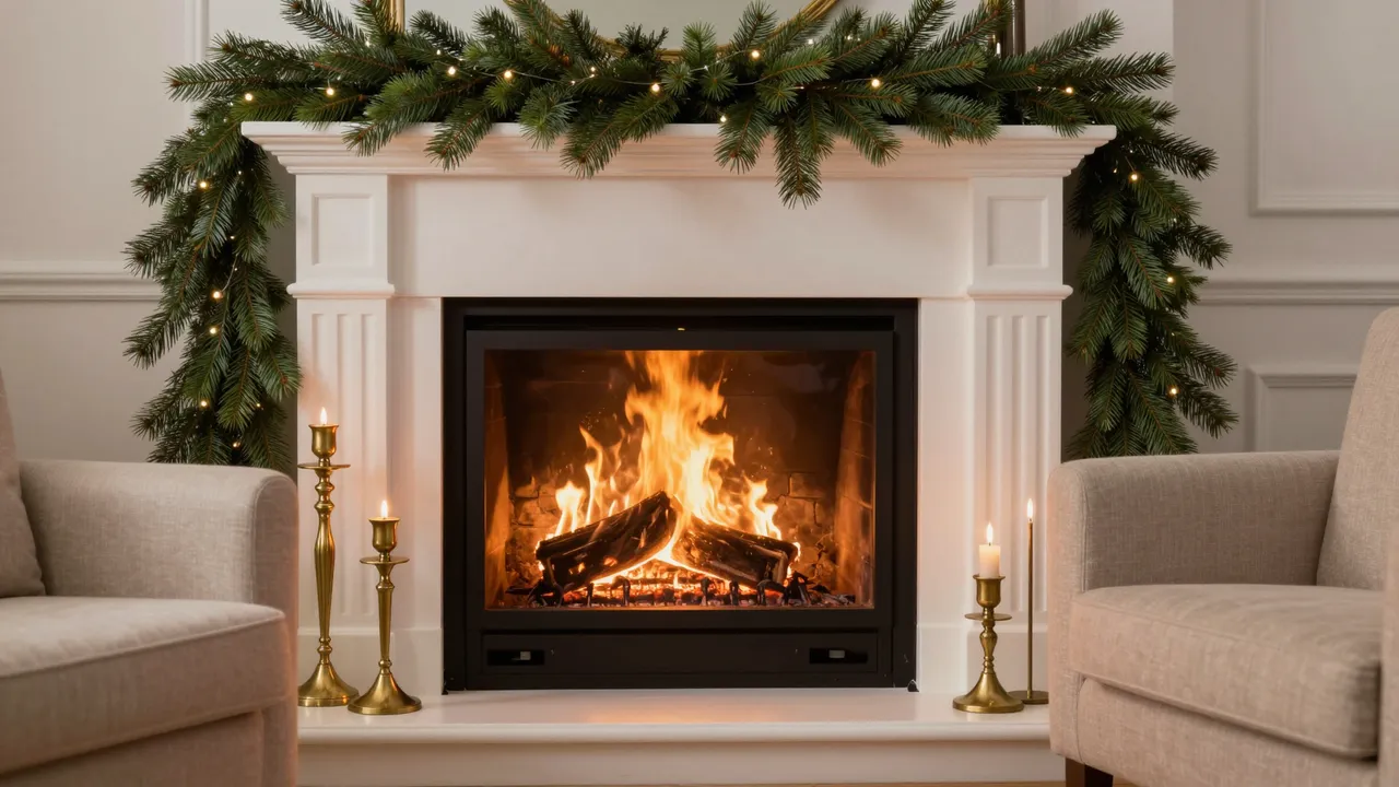 Glowing wood-burning fireplace framed by pine garland, brass candlesticks, and two beige armchairs for Christmas