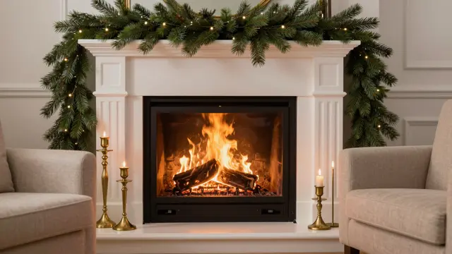 Glowing wood-burning fireplace framed by pine garland, brass candlesticks, and two beige armchairs for Christmas